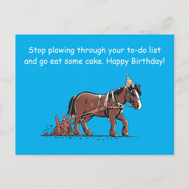 Funny Plowing Horse Birthday Greeting Postcard (Front)
