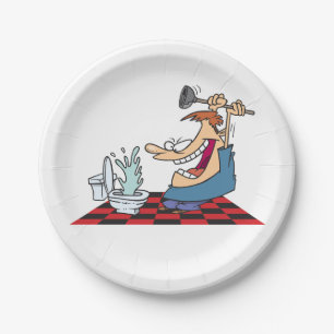 Funny Plumber Unblocking A Toilet Paper Plates