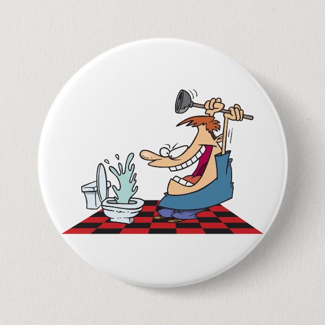 Funny Plumber with Toilet Plunge Humor Button (Front)