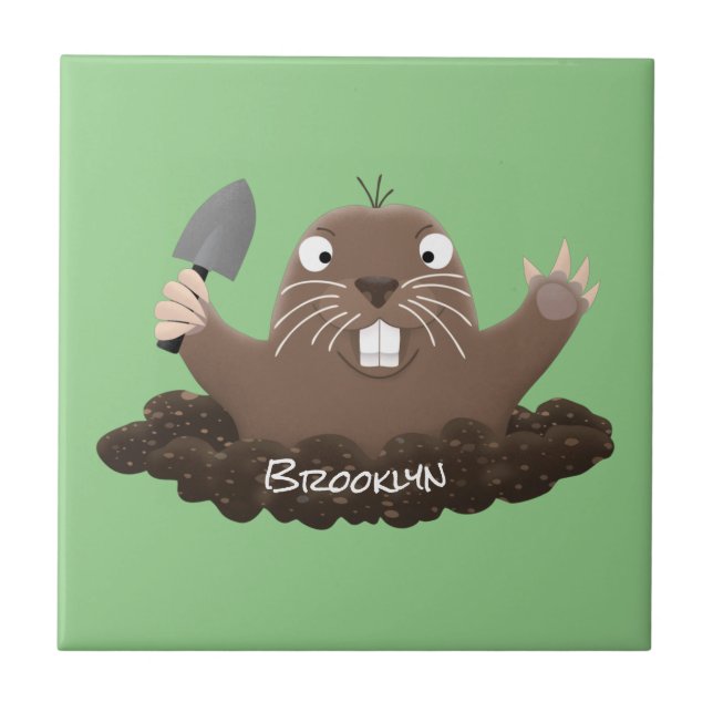 Funny pocket gopher digging cartoon illustration  ceramic tile (Front)