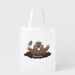 Funny pocket gopher digging cartoon illustration grocery bag