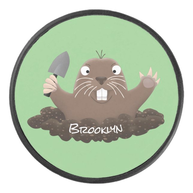 Funny pocket gopher digging cartoon illustration hockey puck (Front)