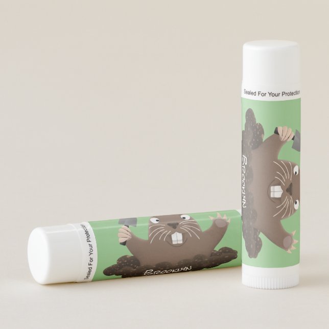 Funny pocket gopher digging cartoon illustration  lip balm (Front)