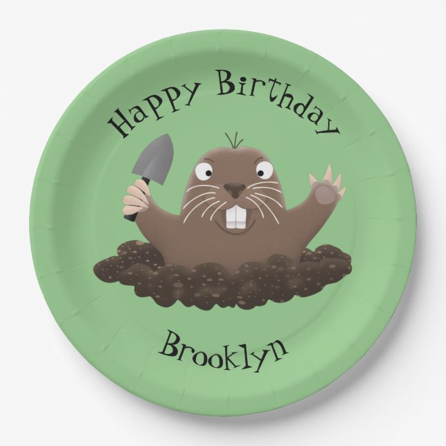Funny pocket gopher digging cartoon illustration paper plates (Front)