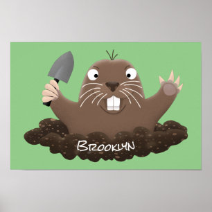 Funny pocket gopher digging cartoon illustration poster