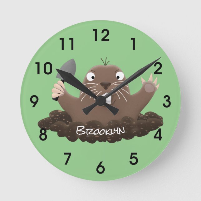 Funny pocket gopher digging cartoon illustration round clock (Front)