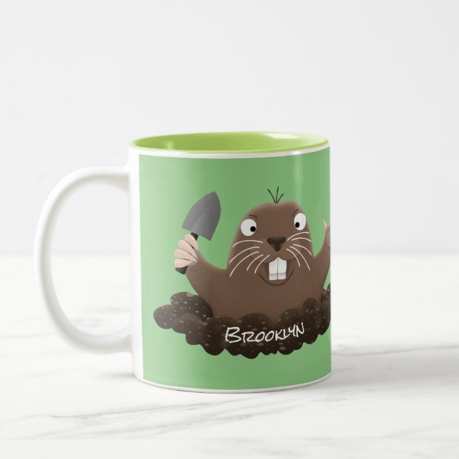 Funny pocket gopher digging cartoon illustration Two-Tone coffee mug (Left)