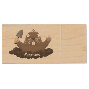 Funny pocket gopher digging cartoon illustration wood flash drive