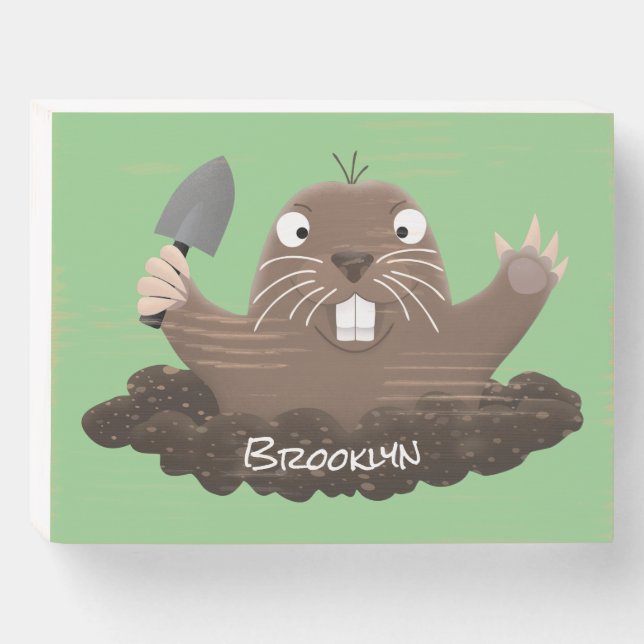 Funny pocket gopher digging cartoon illustration wooden box sign (Front Horizontal)
