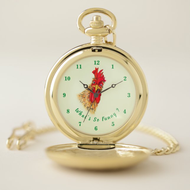 Funny Pocket Watch Surprised Rooster - Custom Text (Inside)