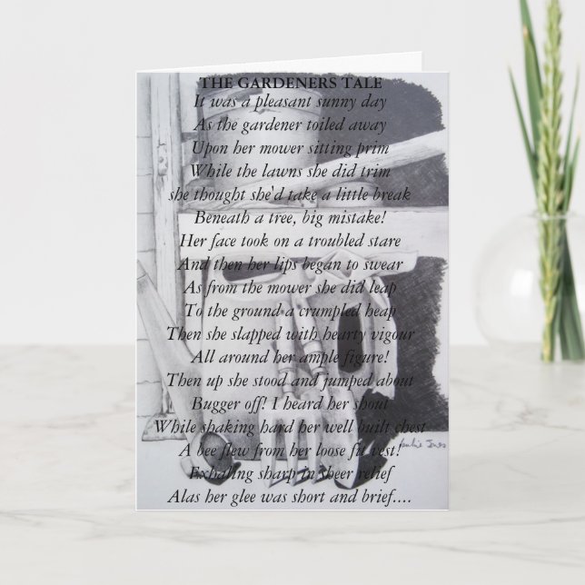 Funny poem and still life garden tools art card (Front)