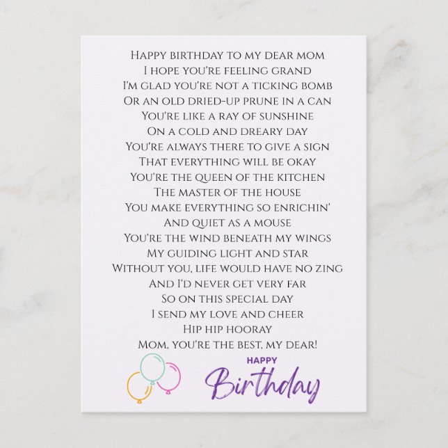Funny Poem for Mom Birthday Postcard (Front)