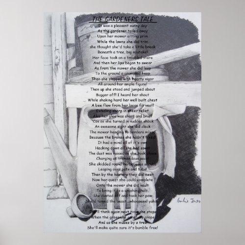 Funny poem still life garden tools art poster