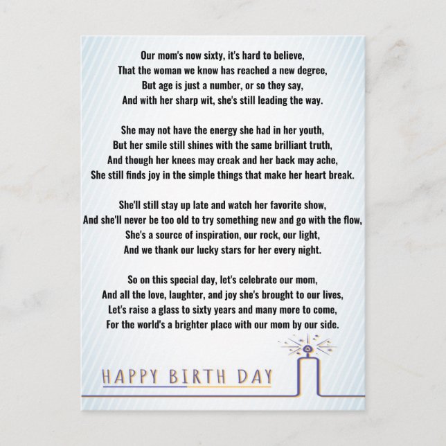 Funny Poetry For 60th Birthday Mom Postcard (Front)