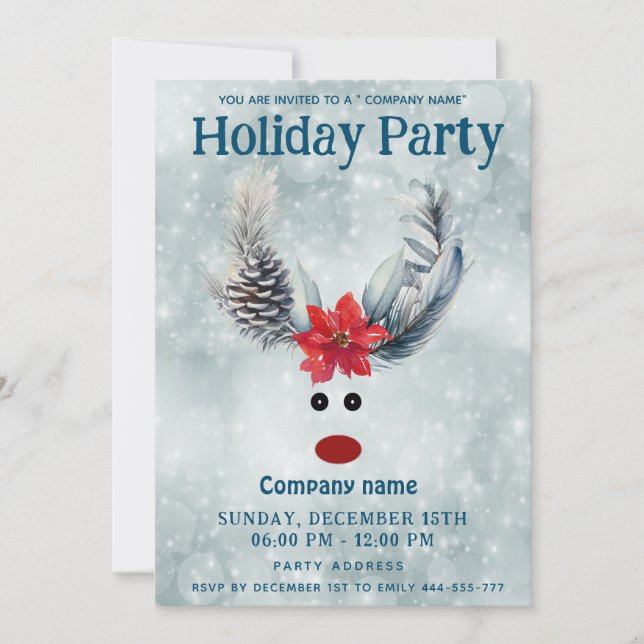 Funny  poinsettia reindeer holiday party corporate invitation (Front)