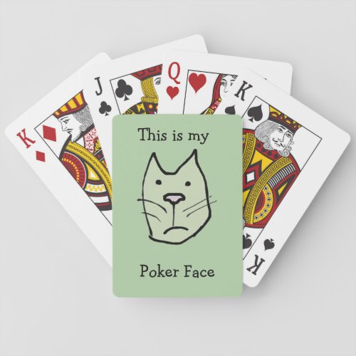 Funny Poker Face Cartoon Cat on Green Background Poker Cards