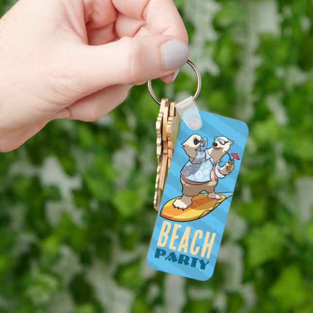 Funny Polar Bear Beach Party Summer Surfer Cartoon Keychain (Hand)