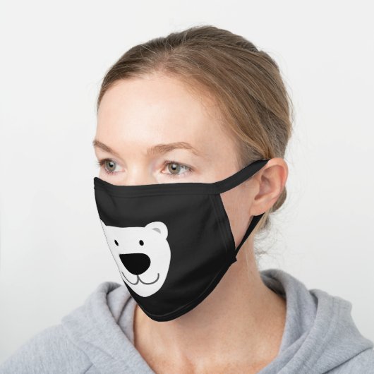 Funny Polar Bear Face Black Cotton Face Mask (Angled)