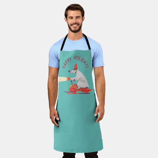 Funny Polar Bear on Snowmobile Customizable Apron (Worn)