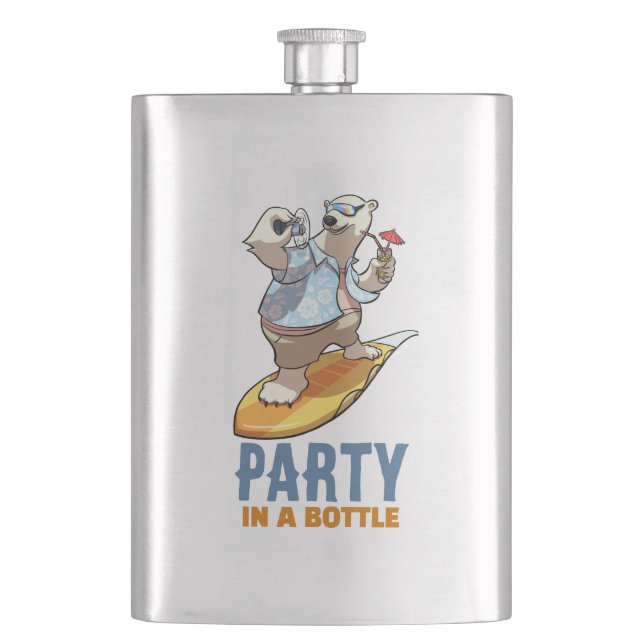 Funny Polar Bear Party In A Bottle Surfer Cartoon Flask (Front)