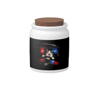 Funny Police Cat Driving Car Vintage Cat Meme Candy Jar