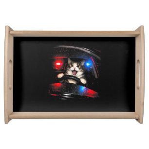 Funny Police Cat Driving Car Vintage Cat Meme Serving Tray