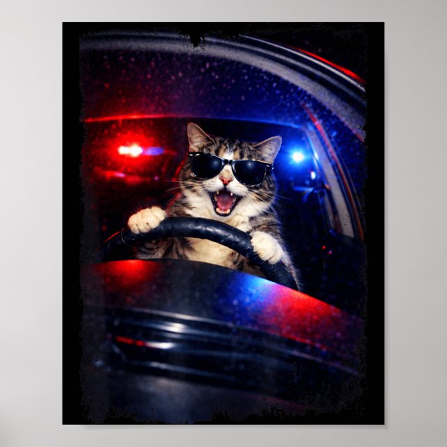 Funny police crazy cat driving car funny cat memeF Poster (Front)