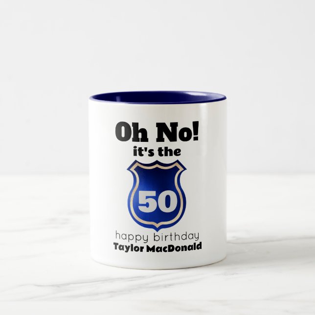 Funny Police Officer Badge 50th Birthday Two-Tone Coffee Mug (Center)