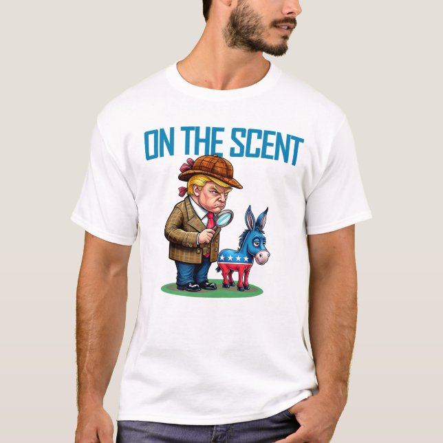 Funny Political Detective Cartoon On the Scent T-Shirt (Front)
