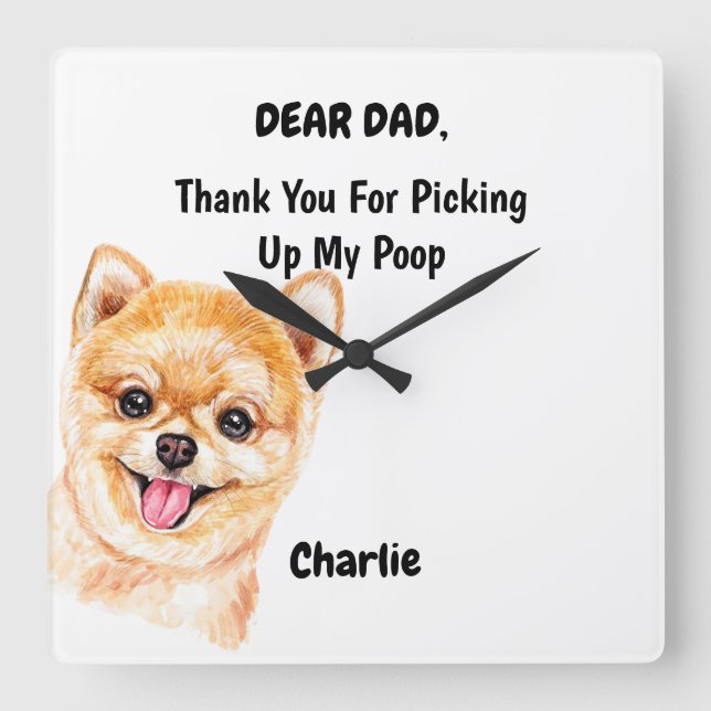 Funny Pomeranian Dad Watercolor Canine Art Square Wall Clock (Front)