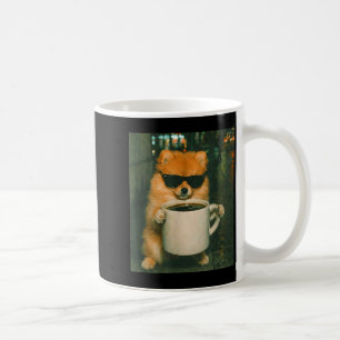 Funny pomeranian drinking coffee meme retro urban mug