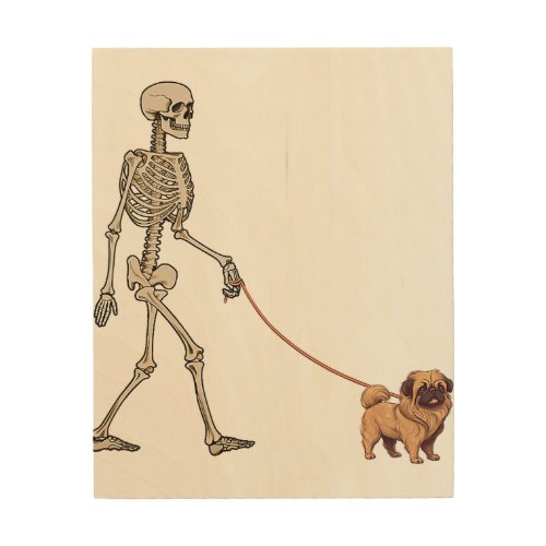 Funny Pomsky Skeleton Dog Walking Halloween V_Neck Wood Wall Art