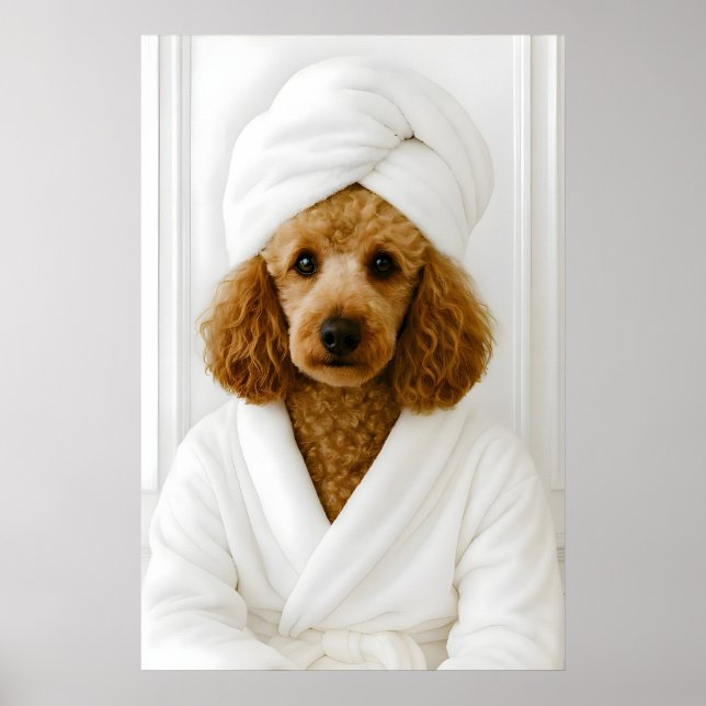Funny Poodle Bathroom Print, Poodle In Bathrobe Poster (Front)