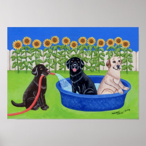 Funny Pool Party Labradors Artwork Poster 