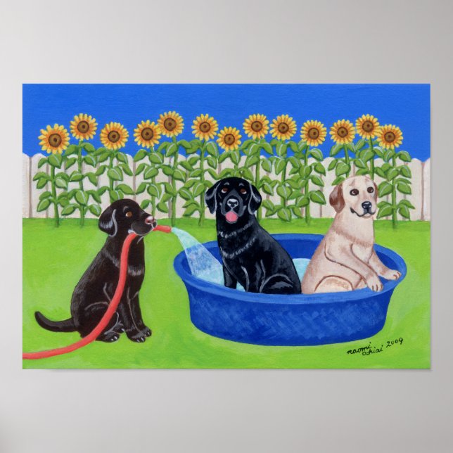 Funny Pool Party Labradors Artwork Poster (Front)