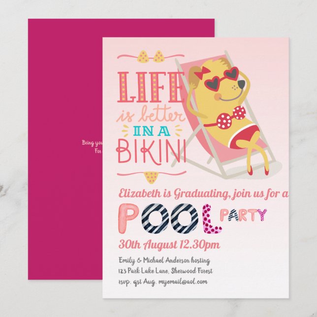 Funny POOL PARTY Pink Graduation Girls Invitation (Front/Back)