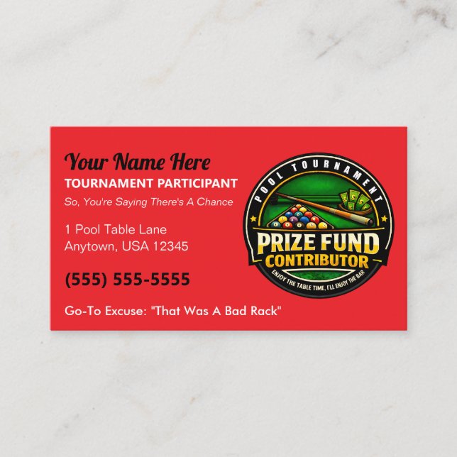 Funny Pool Tournament Prize Fund Contributor Gag Calling Card (Front)