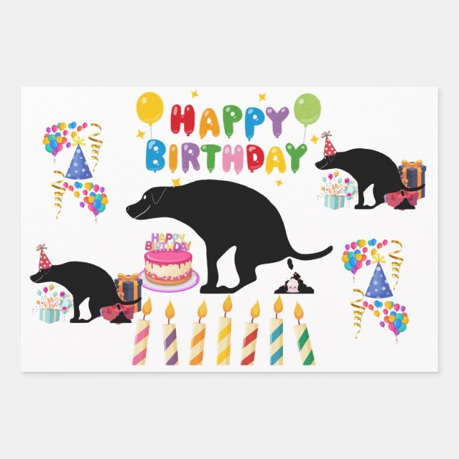 Funny Pooping Dog Birthday Wrapping Paper Sheets (Front)