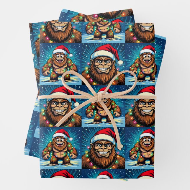 Funny Pop Art Bigfoots Christmas Wrapping Paper Sheets (In situ)