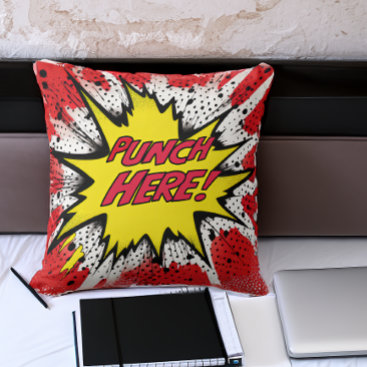 Funny Pop Art “Punch Here”  Throw Pillow