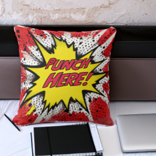 Funny Pop Art “Punch Here” Throw Pillow