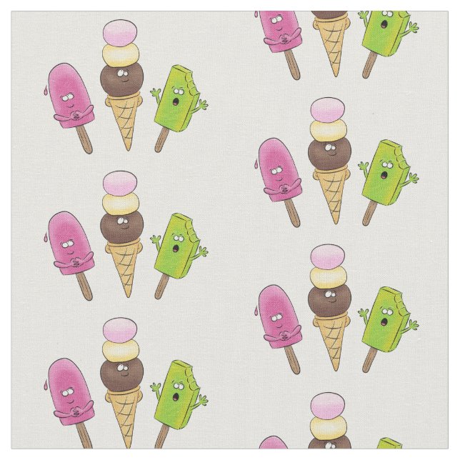 Funny popsicles and ice cream cartoon illustration fabric (Close Up)