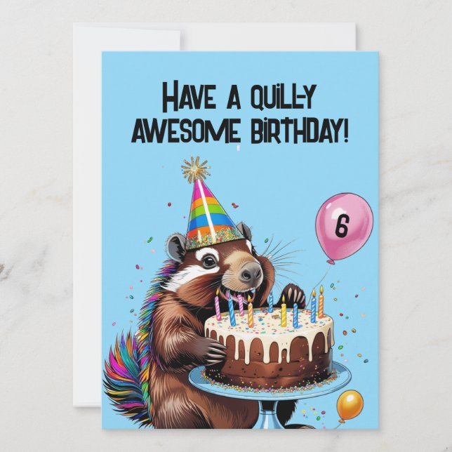 Funny Porcupine Birthday Card  Balloons, Cake (Front)