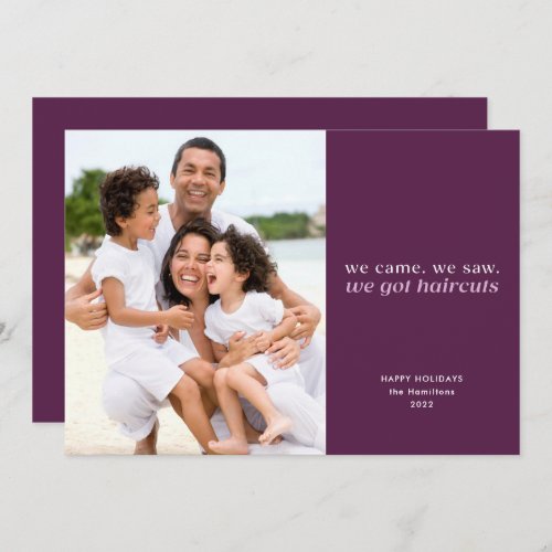 Funny Post_Covid Haircuts Purple Typography Photo Holiday Card