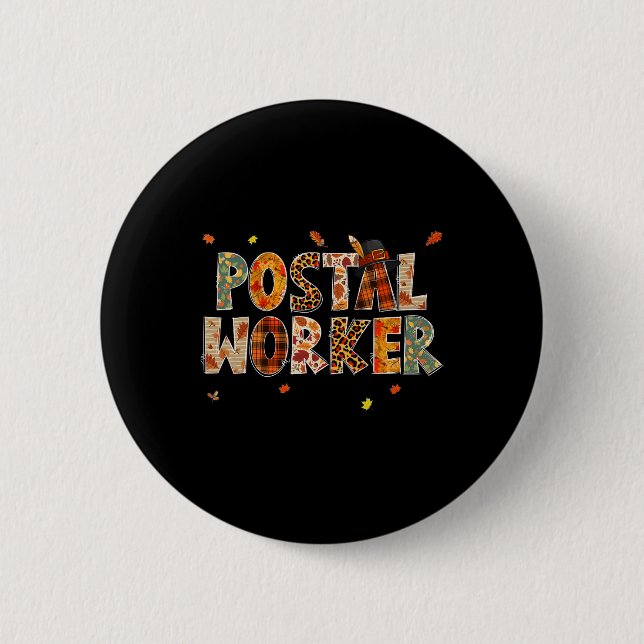 Funny Postal Worker Pumpkin Autumn Tree Fall Leave Button (Front)