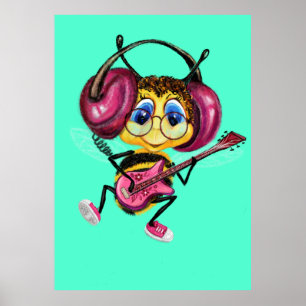 Funny Poster with Guitar Player Bee Painting