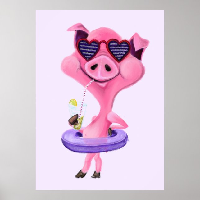 Funny Poster with Happy Party Pig - Painting (Front)