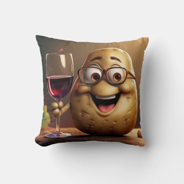 Funny Potato Drinking Wine Pillow! Throw Pillow (Front)