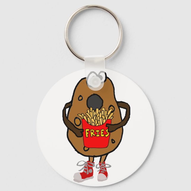 Funny Potato Eating French Fries Cartoon Keychain (Front)