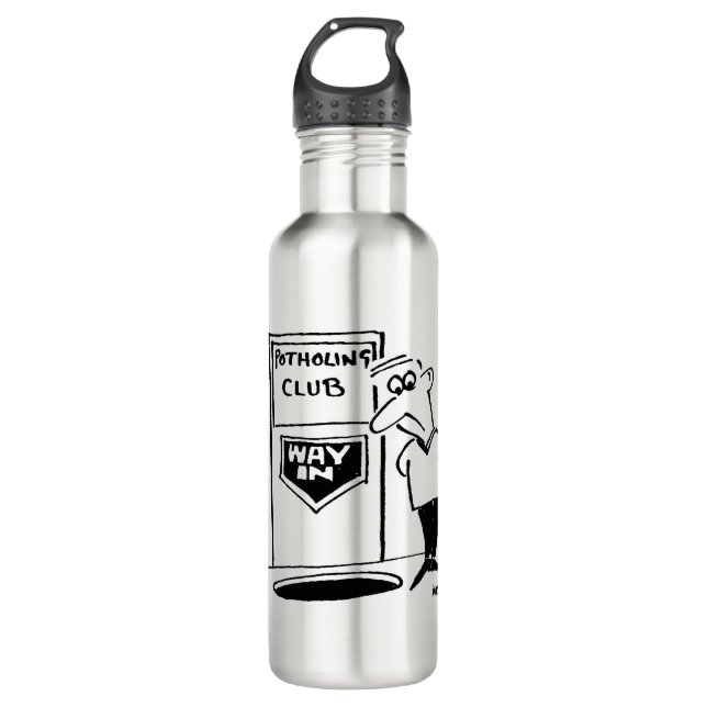 Funny Potholing Club Entrance in the Floor Cartoon Stainless Steel Water Bottle (Front)
